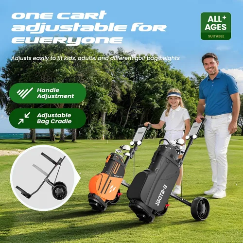 Vista 3 de Carrito de golf ajustable de 2 ruedas – Carrito de golf junior para edades de 3 a adultos, soporte superior ajustable y altura de mango