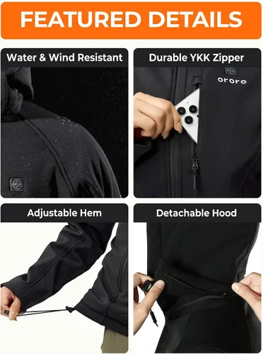 Vista 5 de Ororo - Chaqueta para mujer, calefaccionada y ajustada con capucha desmontable y batería