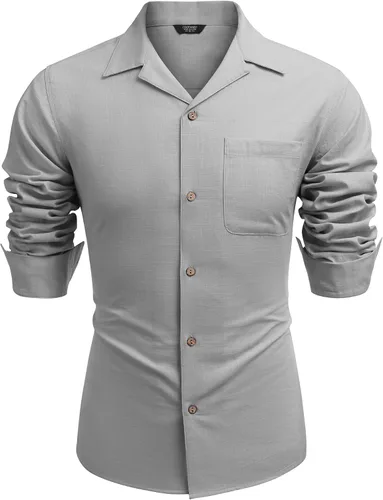 Vista 4 de COOFANDY Camisas de algodón y lino para hombre, de manga larga, casuales, con botones, para la playa