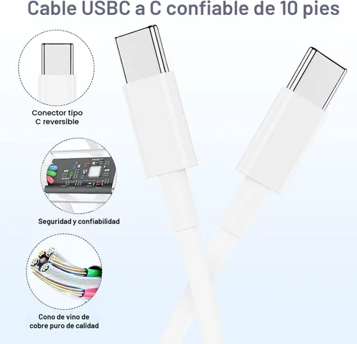 Vista 3 de Cargador rápido para iPhone 17 16 15 y cable tipo C a C de 10 pies de largo, bloque de carga USB C para Apple iPhone 17 Pro Max/17 Air/16 Pro/15