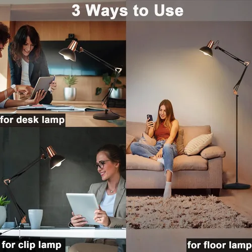Vista 3 de Lámpara de pie LED FIRVRE, lámpara de pie giratoria vintage de metal, 3 modos de uso - lámpara de pie, lámpara de mesa y lámpara de clip, lámpara