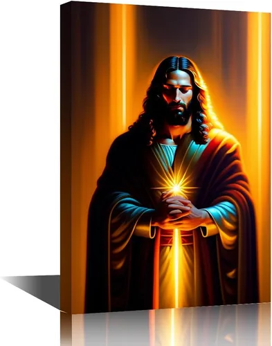 Vista 13 de Lienzo decorativo para pared de sala de estar, impresión retro con luz de esperanza de Jesús, 1 panel, póster de lienzo moderno para dormitorio