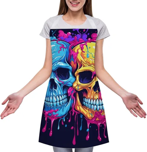 Vista 3 de Personalized Two Different Skulls Adult Apron, Kitchen Cooking Aprons for Woman Man, Adjustable Bib Apron with Pocket for Baking, BBQ Crafting