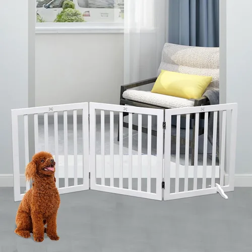 Vista 5 de Puerta para Perros de Madera Independiente para Mascotas de 3 Paneles de 23.6" de Altura Blanca Cercas Interiores para Perros, Puerta de Casa
