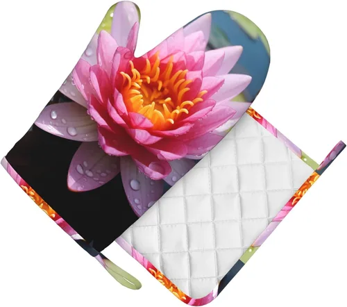 Vista 2 de Juego de guantes de horno y soportes para ollas con estampado de flores de loto, resistentes al calor hasta 500 F, guantes de horno de cocina