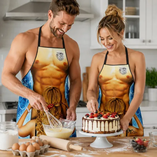 Vista 4 de Delantal divertido y lindo para cocinar para hornear barbacoa, regalo para disfraz de fiesta de adultos (pelo rubio)