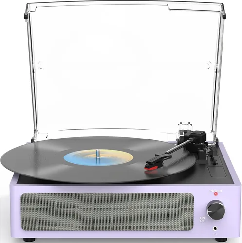 Vista 13 de Tocadiscos de vinilo vintage con altavoces, giradiscos accionados por correa, compatible con 3 velocidades, reproducción inalámbrica Bluetooth
