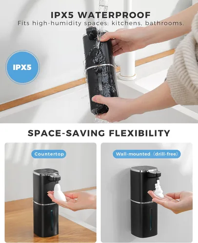 Vista 5 de Dispensador automático de jabón espumoso sin contacto, dispensador de jabón de manos inteligente recargable por USB, 9 niveles ajustables, 13.5 Negro