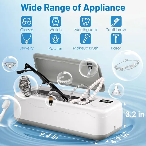 Vista 3 de Limpiador ultrasónico profesional de joyería – Máquina de limpieza sónica de 45kHz con temporizador digital, tanque de acero inoxidable de 20 oz