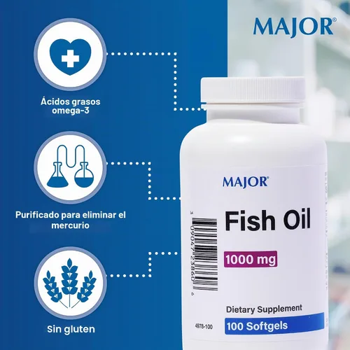 Vista 3 de MAJOR Aceite de pescado Omega-3 - Suplemento de aceite de pescado 1000 mg - 100 cápsulas blandas (paquete de 1)