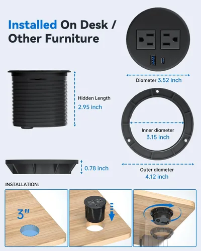 Vista 7 de Ojal de alimentación de escritorio con carga rápida USB C de 20 W, regleta de alimentación empotrada de 3 pulgadas para escritorio, mesas de Negro