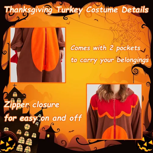 Vista 4 de MORNINGFLY Disfraz de pavo para adultos, disfraz de Acción de Gracias, Halloween, cosplay, pijama de una pieza para mujeres y hombres