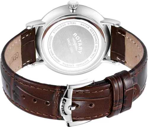 Vista 5 de Rotary Reloj analógico de cuarzo Windsor para hombre con esfera plateada y correa de cuero marrón GS0542002, Moderno