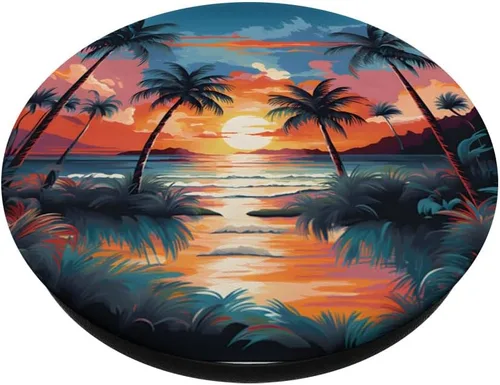 Vista 2 de Playa al atardecer océano caprichoso diseño de palmeras PopSockets intercambiables PopGrip