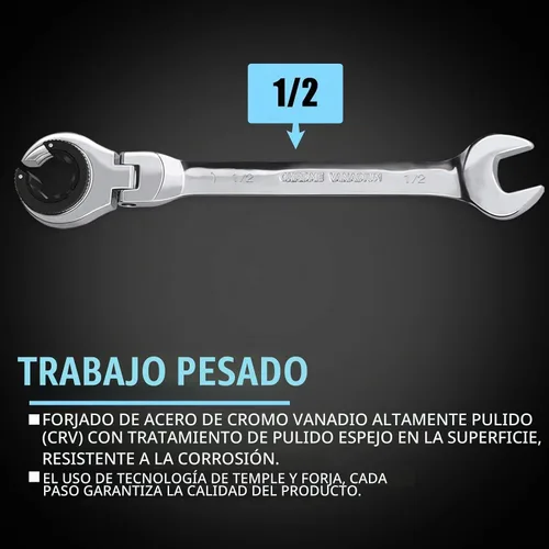 Vista 6 de LOSCHEN - 1 pieza de 1/2 llave de trinquete con cabeza flexible abierta, llave de carraca SAE con 72 dientes, llave de tubo de trinquete de acero