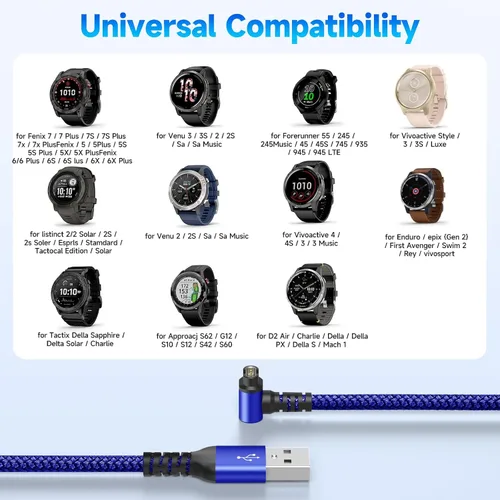 Vista 7 de Garmin - Cable cargador para reloj en ángulo recto, carga rápida, nailon trenzado, 4 pies Azul
