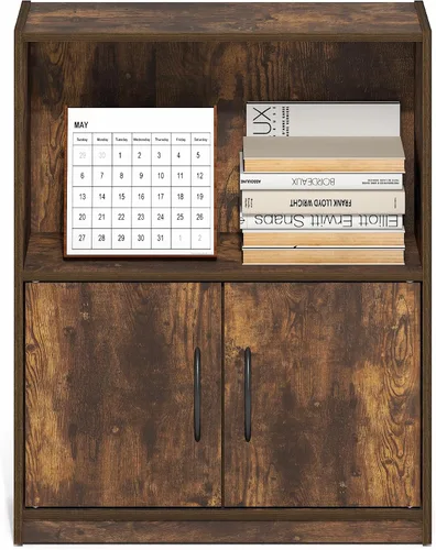 Vista 5 de Furinno Gruen - Estantería pequeña de 2 niveles, estantería con estante abierto y armario de almacenamiento de puertas, 9.3 x 21.8 x 27 pulgadas