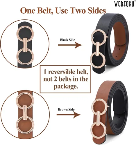 Vista 3 de Cinturón de cuero reversible para mujer, cinturón de cuero con anillo tórico dos en uno para vestido de jeans