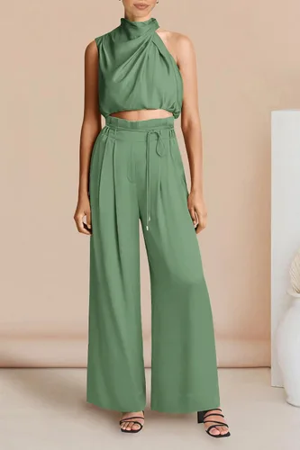 Vista 2 de PRETTYGARDEN Womens 2024 Summer Sleeveless Mock Neck Crop Tops Wide Leg Pants Set