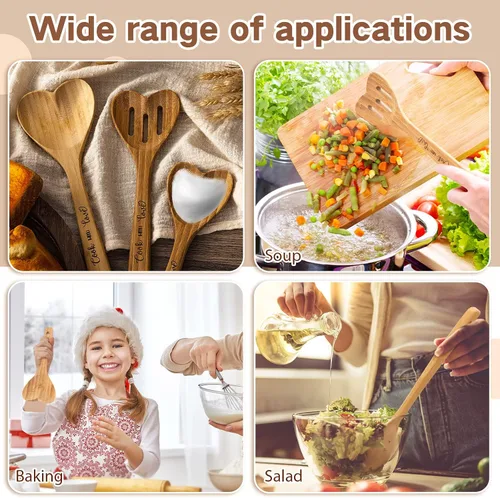 Vista 6 de Yinder 3 cucharas de madera en forma de corazón, utensilios de cocina de bambú, cucharas de corazón grabadas para cocina, regalos de boda