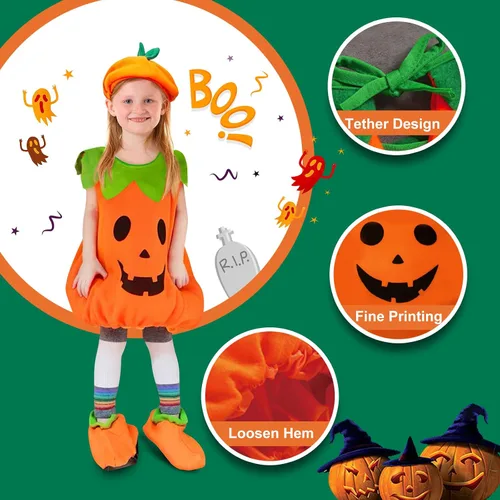 Vista 4 de EVNEED Disfraz de calabaza de Halloween, lindo disfraz de calabaza de Halloween para niños y niñas, ropa de fiesta de disfraces de calabaza