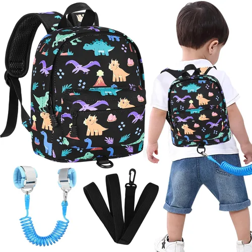 Vista 15 de Accmor Arnés de mochila de dinosaurio para bebés con correa para niños pequeños con eslabón de muñeca antipérdida, bonita bolsa de guardería