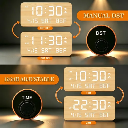 Vista 8 de Reloj despertador digital de madera de bambú premium con cargador de teléfono inalámbrico, puertos de carga USB duales, pantalla LED regulable