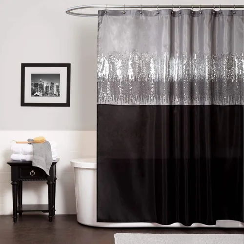 Vista 18 de Lush Decor Cortina de Ducha Night Sky, Individual, 72" An x 72" L, Negro - Cortina de Ducha con Lentejuelas - Cortina de Baño Brillante de Bloques