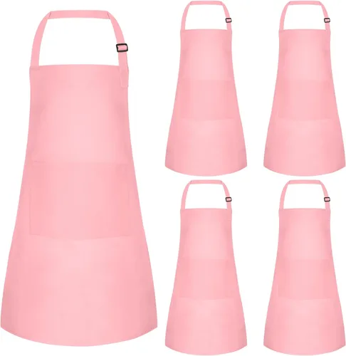 Vista 23 de Juego de 5 delantales para niños, delantal ajustable para niños con 2 bolsillos, delantal de chef para niños para pintar, cocinar, hornear, Negro