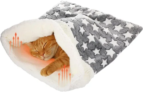 Vista 10 de Saco de dormir autocalentable para gatos de interior, cama cueva autocalentable para gatos, almohadilla térmica acogedora y suave para invierno Gris