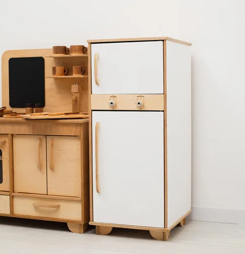 Vista 4 de Refrigerador de juguete de madera para niños pequeños, juguetes Montessori para niños, regalo para decoración de sala de juegos de 2º y 3º Nogal