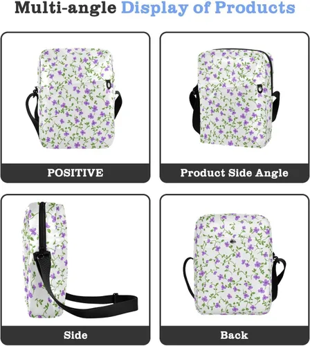 Vista 4 de Small Purple Flowers Green Vines Vintage messenger bags mens shoulder bag Casual Purse Lady Shoulder Handbags Adjustable Strap for Travel Travel