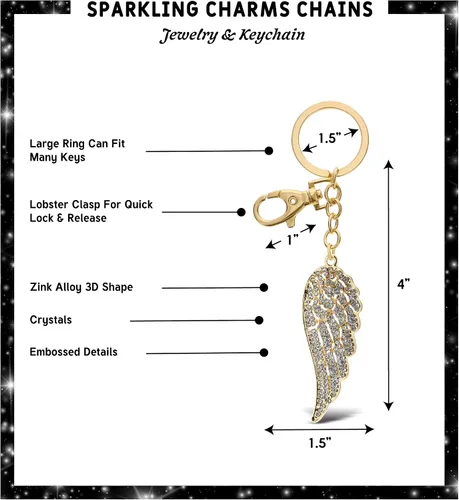 Vista 2 de Aqua79 Llavero de ala de ángel Diamantes de imitación dorados 3D brillantes de aleación de metal duradero, accesorio de joyería de cristal