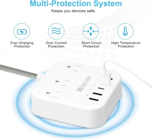 Vista 5 de Regleta de alimentación, protector de sobretensiones HITRENDS con 3 tomas, 4 puertos USB y 1 puerto tipo C (5V/3A), enchufe plano en ángulo, cable