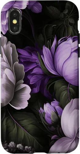 Vista 4 de Funda con estampado floral de flores de peonía púrpura y gris lavanda para iPhone 15