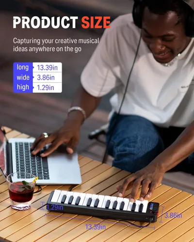 Vista 3 de Donner - Mini teclado MIDI N-25, controlador MIDI de 25 teclas, regalos para principiantes con mini teclas sensibles a la velocidad, software