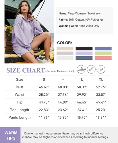 Vista 7 de Flygo Conjunto de 2 piezas de algodón para mujer, sudadera con media cremallera y pantalones cortos de cintura alta