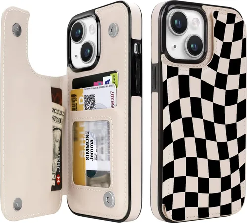 Vista 21 de uCOLOR - Funda tipo cartera para iPhone 15 con tarjetero y diseño de lunares con leche de almendra Bloqueo RFID de piel sintética para mujeres