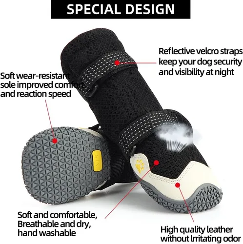 Vista 5 de Zapatos para perros para pavimento caliente, botas antideslizantes impermeables para perros pequeños a grandes con correas reflectantes, botas