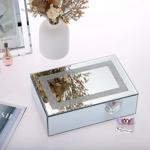 Vista 5 de Hipiwe Joyero de cristal con espejo con decoración de diamante triturado, organizador grande de baratijas, caja de tesoro, anillos, aretes, collar