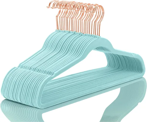 Vista 33 de MIZGI - Perchas de terciopelo premium - de alta resistencia, antideslizantes, (paquete de 50 unidades), ganchos color azul agua y dorado rosa