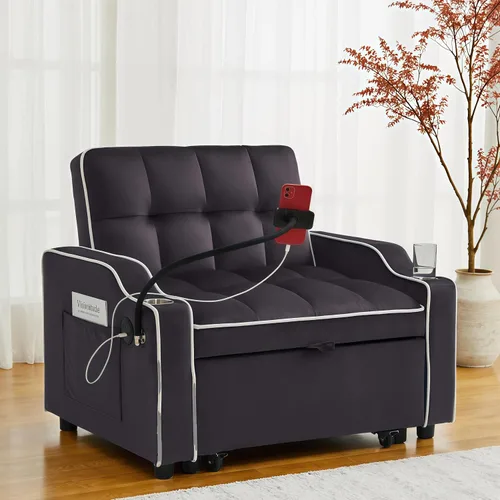 Vista 7 de Sofá cama extraíble pequeño de 69 pulgadas, sofá cama convertible 3 en 1, respaldo ajustable con soporte para teléfono, bolsillo lateral y puerto