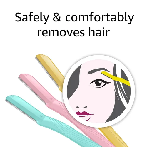 Vista 5 de Amazon Basics - Herramienta multiusos de limpieza de cejas y afeitadora facial para mujer, incluye cubierta de cuchilla, multicolor, 3