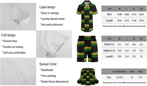 Vista 3 de Conjunto de camiseta con la bandera de Jamaica para hombre, camisa de playa de verano, pantalones casuales de manga corta y gorra de pescador