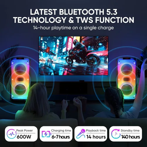 Vista 4 de Máquina de karaoke para adultos, sistema PA portátil, máquina de karaoke con 2 micrófonos, compatible con modo TF/USB/AUX, TWS y LED para el hogar