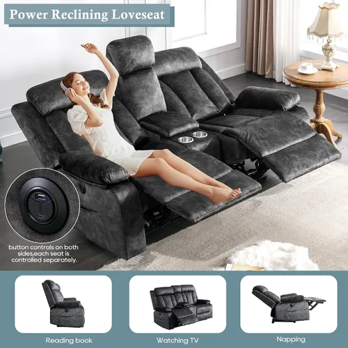 Vista 3 de GUEAPY Sofá reclinable de dos plazas - Sofá reclinable de dos plazas con consola, sofá reclinable doble con calor y masaje, sofá reclinable Gris