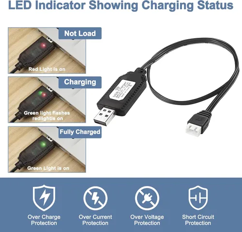 Vista 3 de MEIRIYFA Cable cargador USB de batería Lipo de 7.4V 1A, cable XH-3P 2S, conector de cable de carga USB, enchufe y luz indicadora LED para RC Car