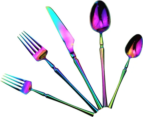 Vista 10 de Juego de cubiertos negros de 5 piezas de acero inoxidable 18/10 para 1, acabado espejo, ideal para bodas, festivales, fiestas, cocina en casa, apto