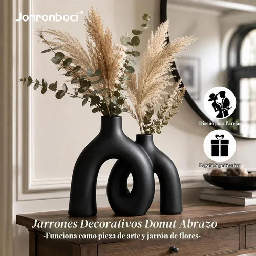 Vista 2 de Juego de jarrones negros mate – Jarrones estéticos de cerámica Hug Hollow Donut para decoración del hogar, moderno jarrón decorativo nórdico