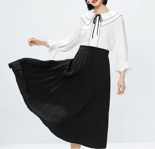Vista 2 de GOLDSTITCH Falda Plisada de Cintura Alta para Mujer Línea A Falda Midi Acampanada Negro